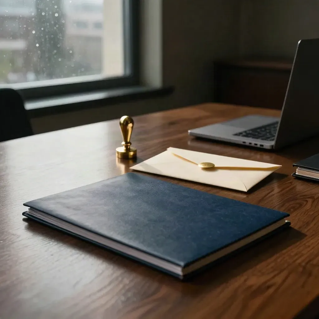 Law office still life with folders, envelope, stamp, laptop and binders by a rain-streaked window.