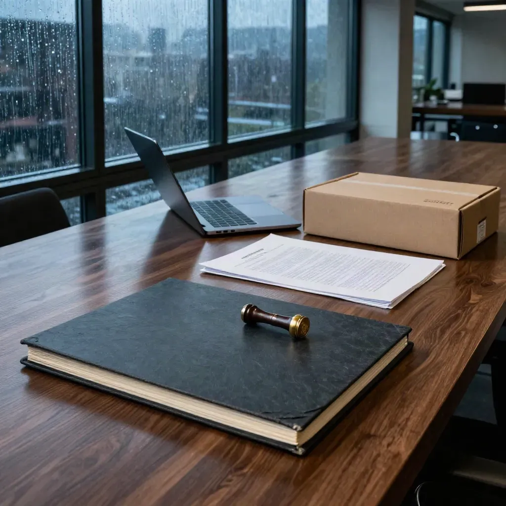 Startup legal folders, closed laptop, brass seal and mail box on a desk at blue hour.