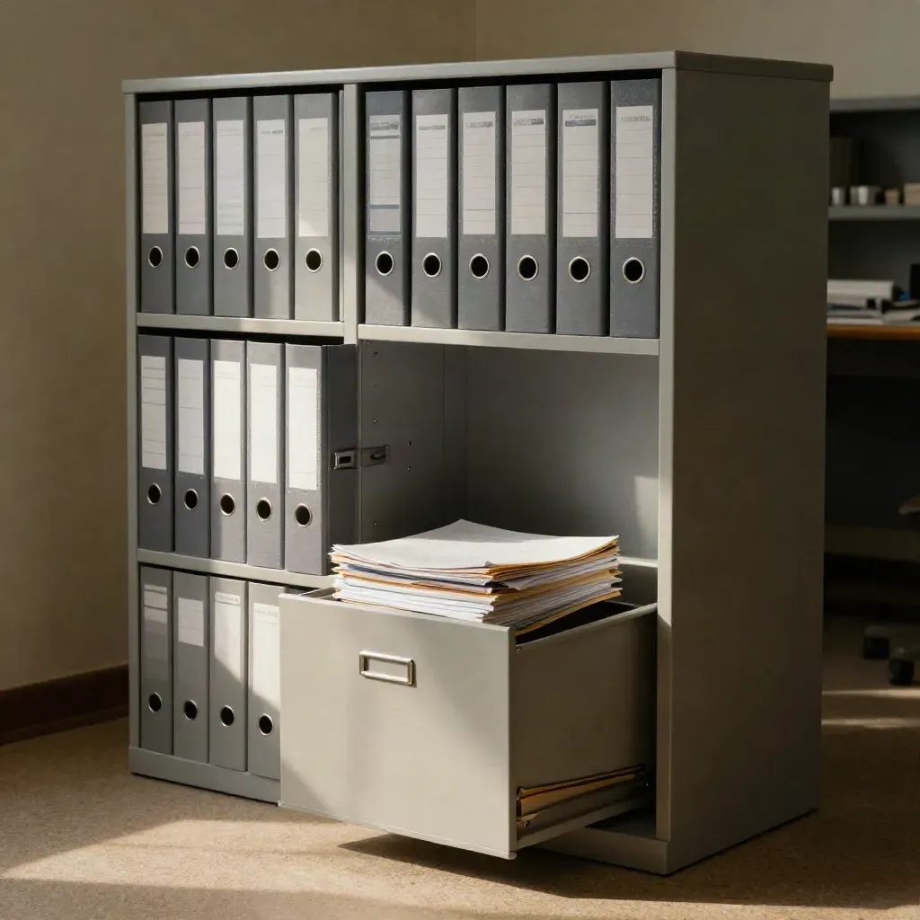 Gray compliance binders, open file drawer, and sealed policy folders in a dim office