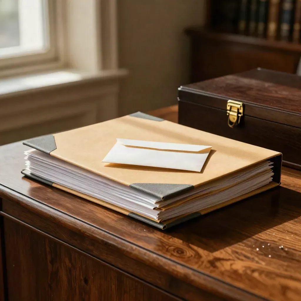 Case folders, flipped payment envelope, and file box on a walnut sideboard in warm office light