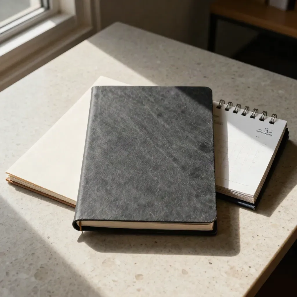 Top-down legal office still life with handbook binder, folded sleeve, and face-down calendar on stone.