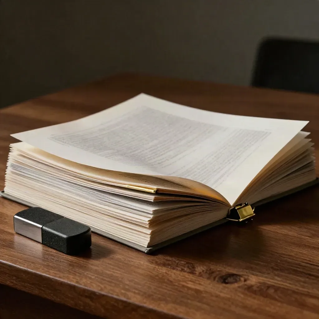 Draft pages aligning on a walnut table with brass clips and paper weights in warm lamplight.