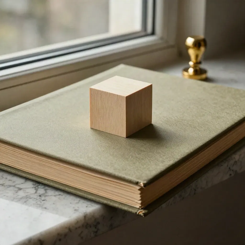 Closed legal folders, model cube, and brass seal on a travertine ledge by a blurred window.