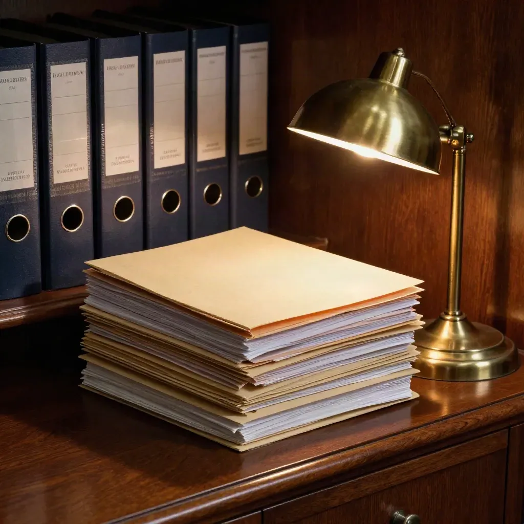 Closely lit compliance binders and folders on a law office credenza before opening.