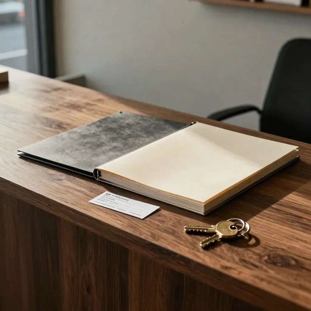 Formation folders and building key ring on a walnut reception counter in cool morning light