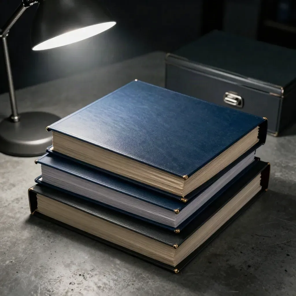 Closed legal binders, file boxes, and a desk lamp on a dark audit table.