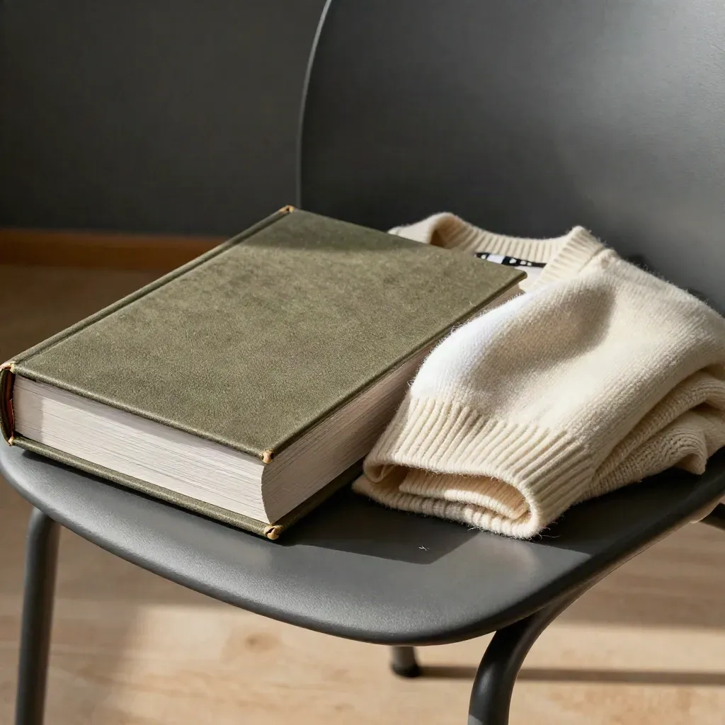 Close macro of a handbook binder, folded cardigan, and meeting chair in a quiet team room.