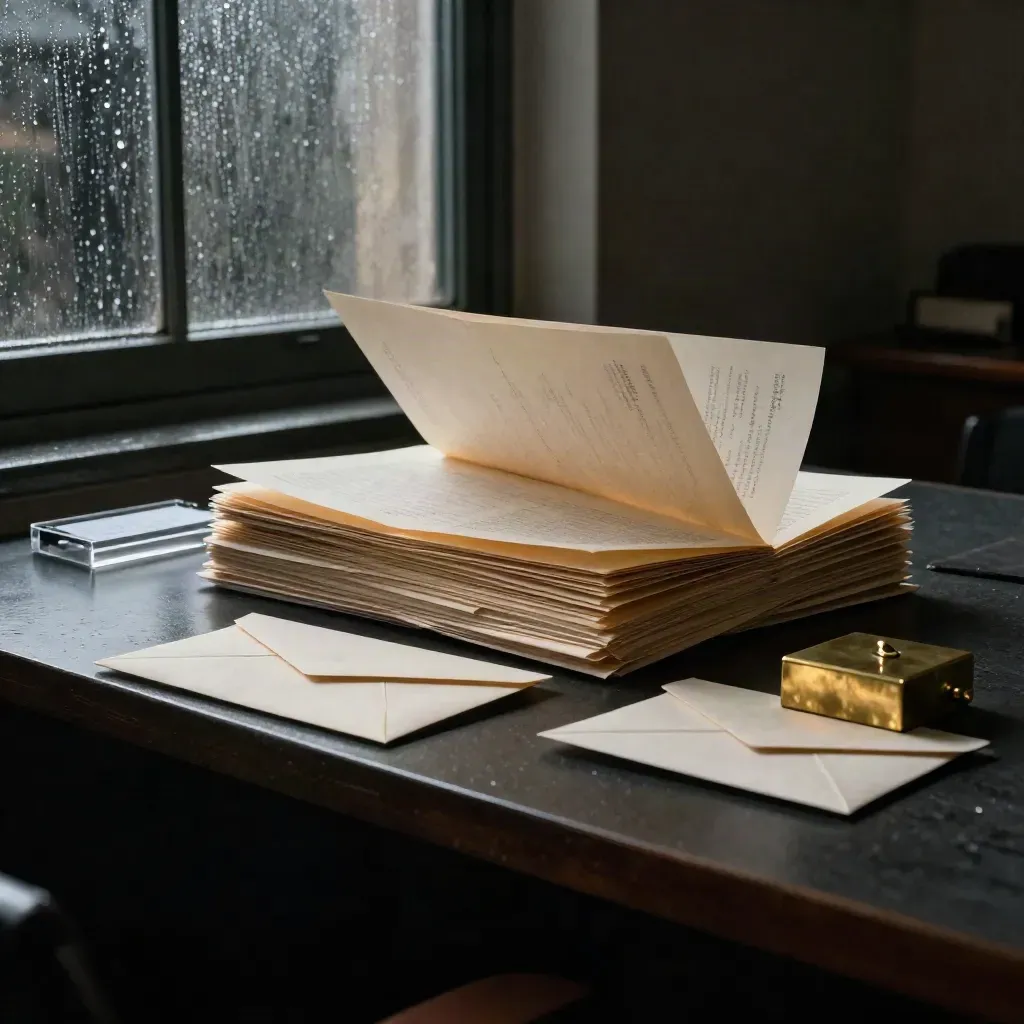 Rainy law office scene with follow-up papers, returned envelope, brass weight and receipt tray