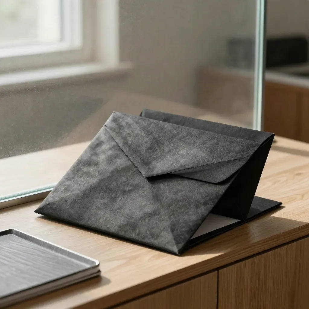 Closed NDA folder and sealed envelope beside frosted glass in a quiet law workspace.
