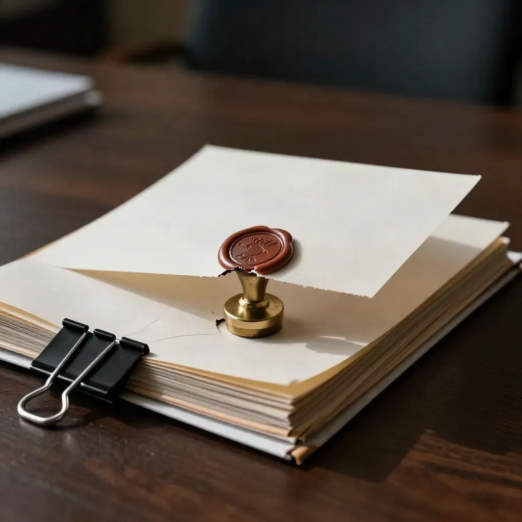 Clipped review folio with lifted page and broken wax seal on a dark walnut surface