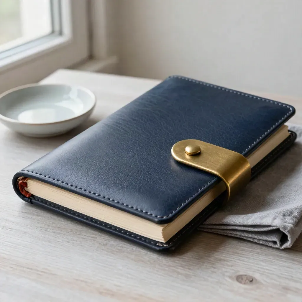 Navy leather folio with brass clasp, ceramic dish, and folded cloth on pale ash wood.