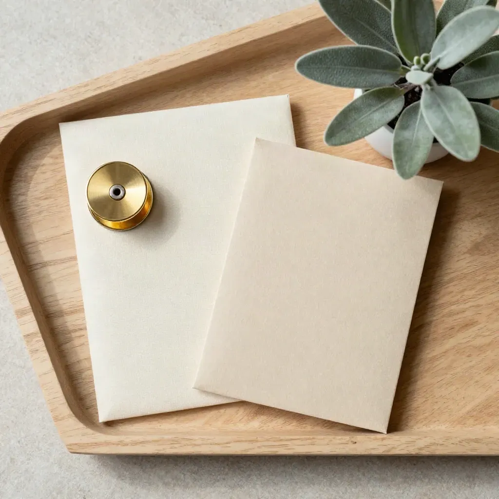 Overhead flatlay of onboarding packet, blank badge reel, and tiny potted plant on a pale wood tray.