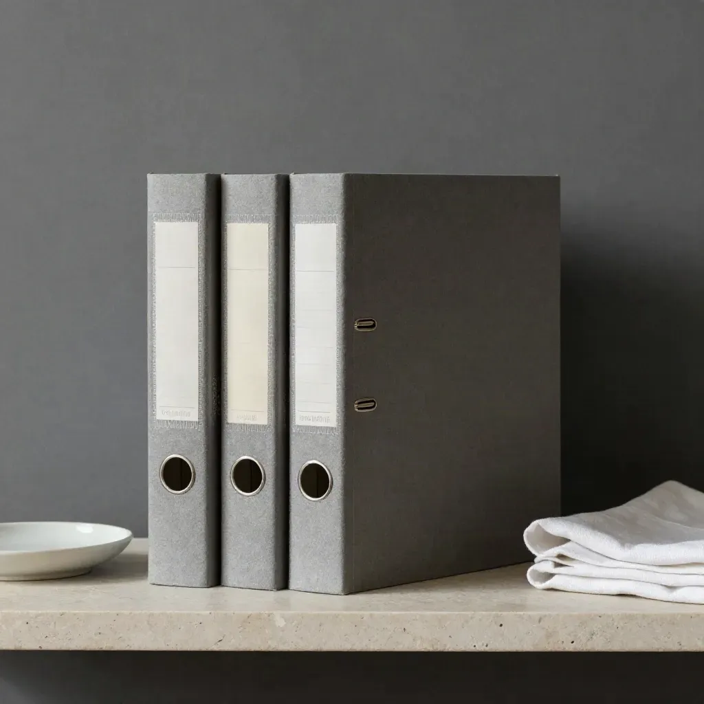 Three matte gray compliance binders beside a ceramic dish and folded linen on a limestone shelf.