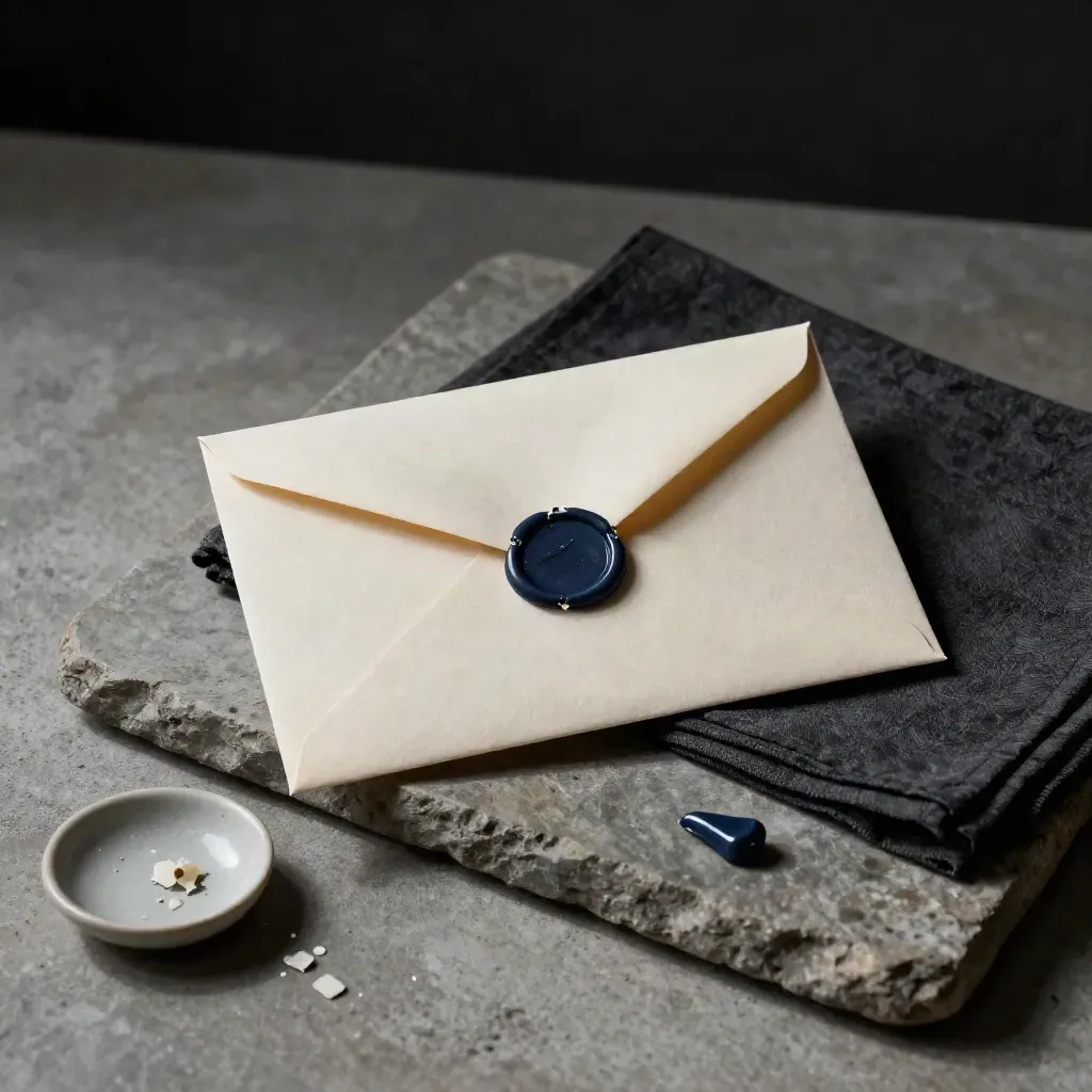 Opened dispute letter on stone tray with wax seal, charcoal cloth, and ceramic dish.